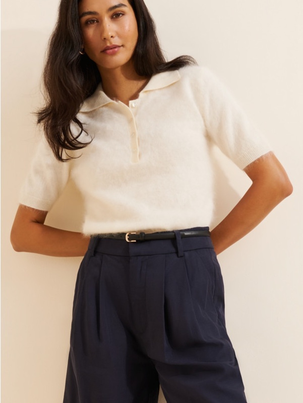 Cropped Ivory Short-Sleeve Polo Knit Top